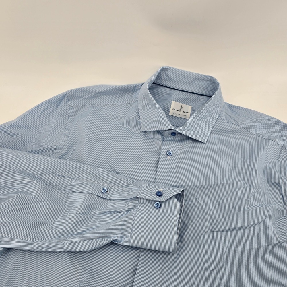 Emanuel Berg Dress Shirt Mens Modern Fit Micro Stripe Light Blue Size 18 46cm